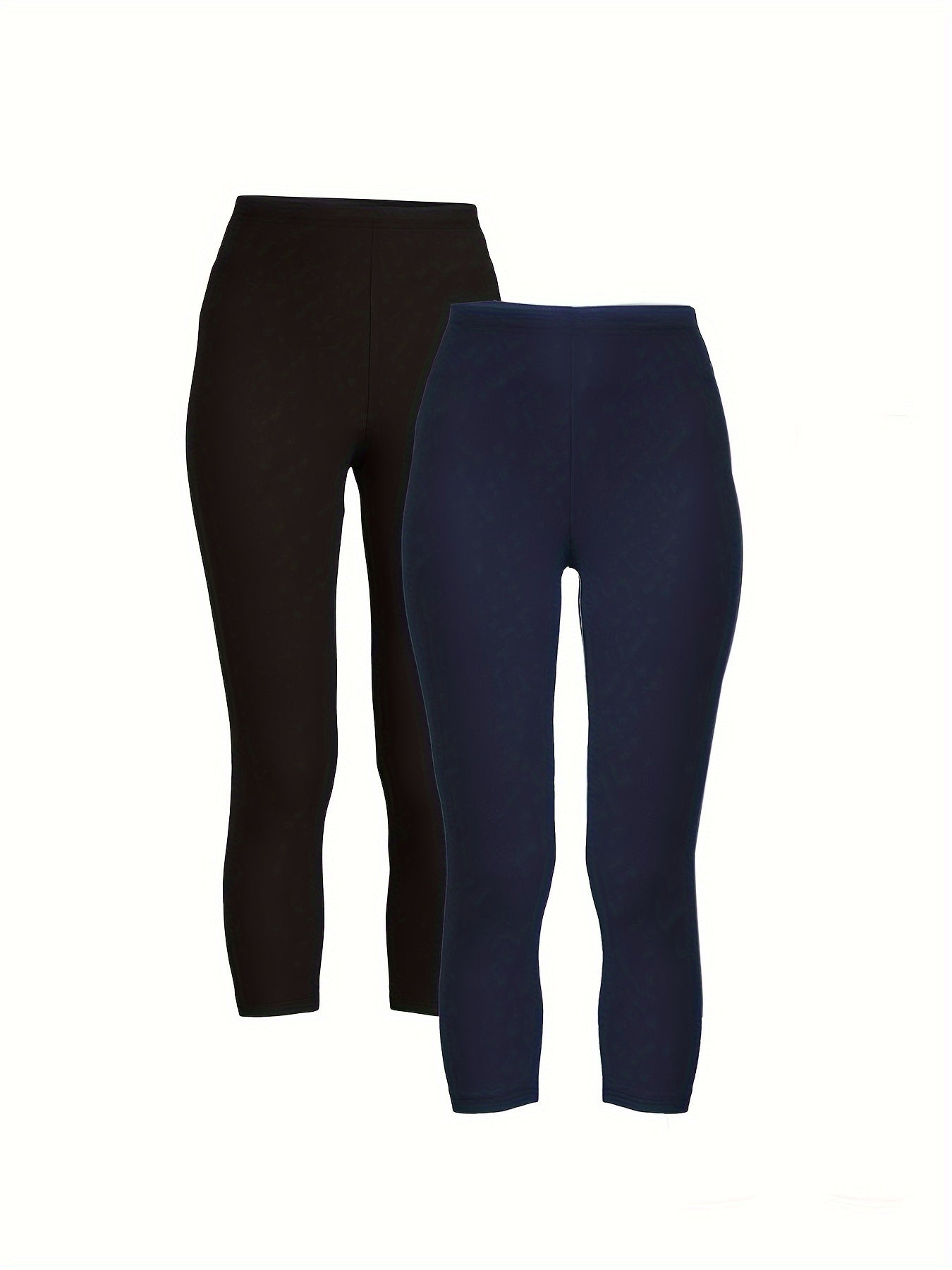 2 Pack Plus Size Casual Leggings Set Women's Plus Solid Elastic High Rise Leggin