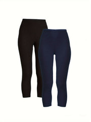 2 Pack Plus Size Casual Leggings Set Women's Plus Solid Elastic High Rise Leggin