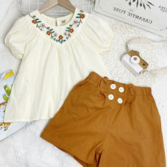 Girls Puff Sleeve Flowers Embroidery Blouse Top & Button Ruffles Shorts