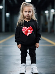 Girls Heart Pattern Hooded Sweatshirt Top Sweatpants Set