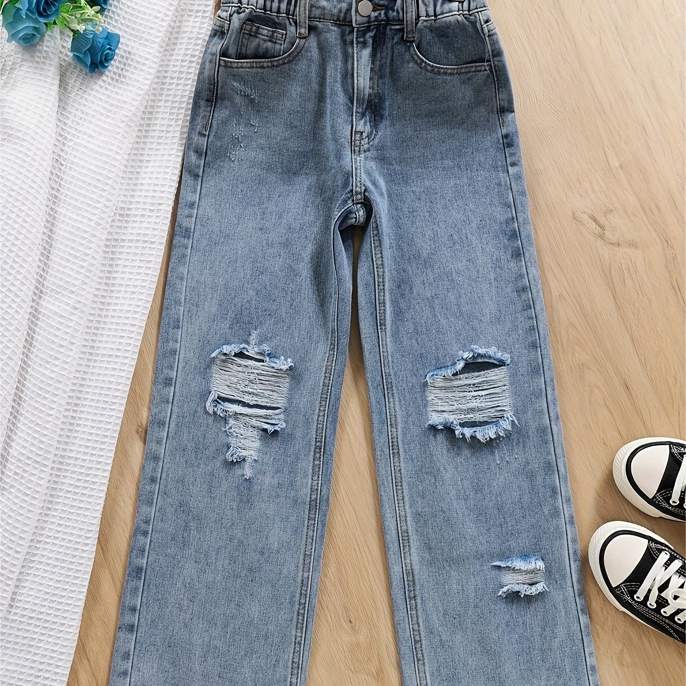Girls Ripped Denim Pants Comfortable Jeans For Sports Kids