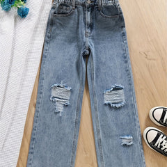 Girls Ripped Denim Pants Comfortable Jeans For Sports Kids