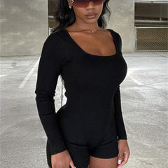 Ribbed Slim Romper Jumpsuit Long Sleeve Crew Neck Women's Clothing