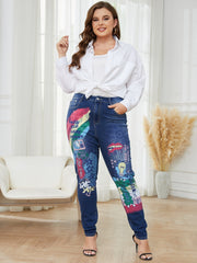 Graphic Print Button Fly Stretch Jeans