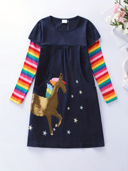 Girls' Unicorn Applique Rainbow Long Sleeve Dress For Party Vacation