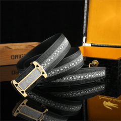 Men's Pearl Fish Pattern Cowhide Belt with Diamond Buckle