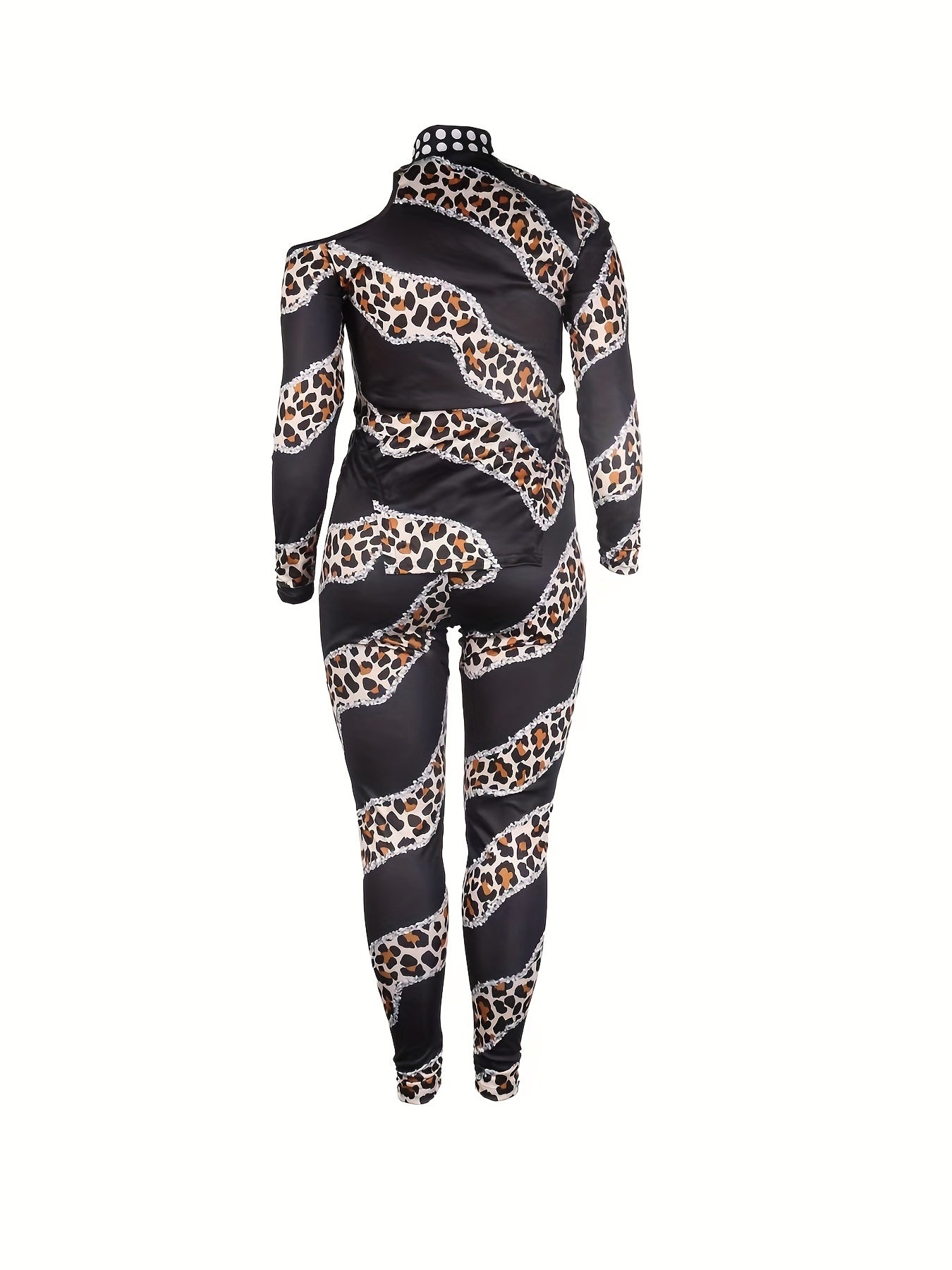 Leopard Patchwork Print Two-piece Set Cold Shoulder Split T-shirt & Casual Pants