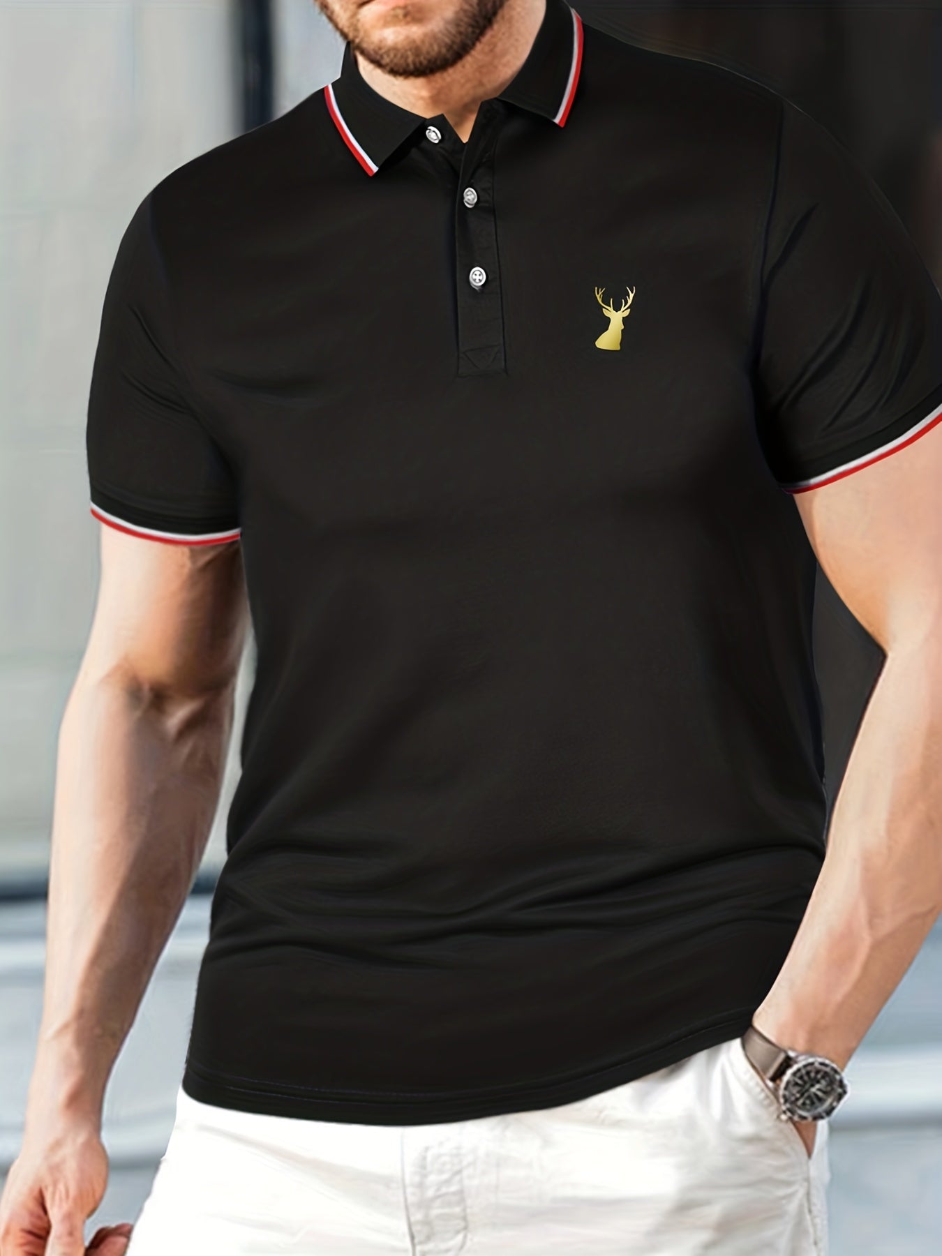 Deer Print Men's Casual Button Up Polo Shirt