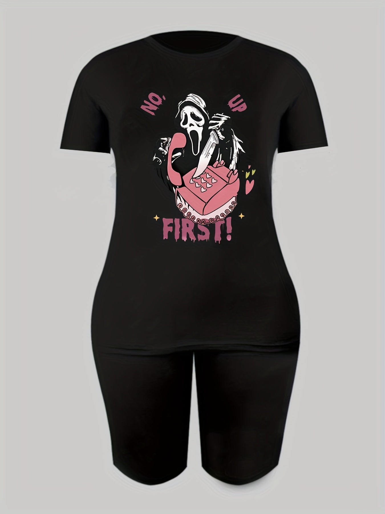 2pcs Halloween Ghost Graphic Crew Neck T shirt & Solid Shorts Women's Activewear
