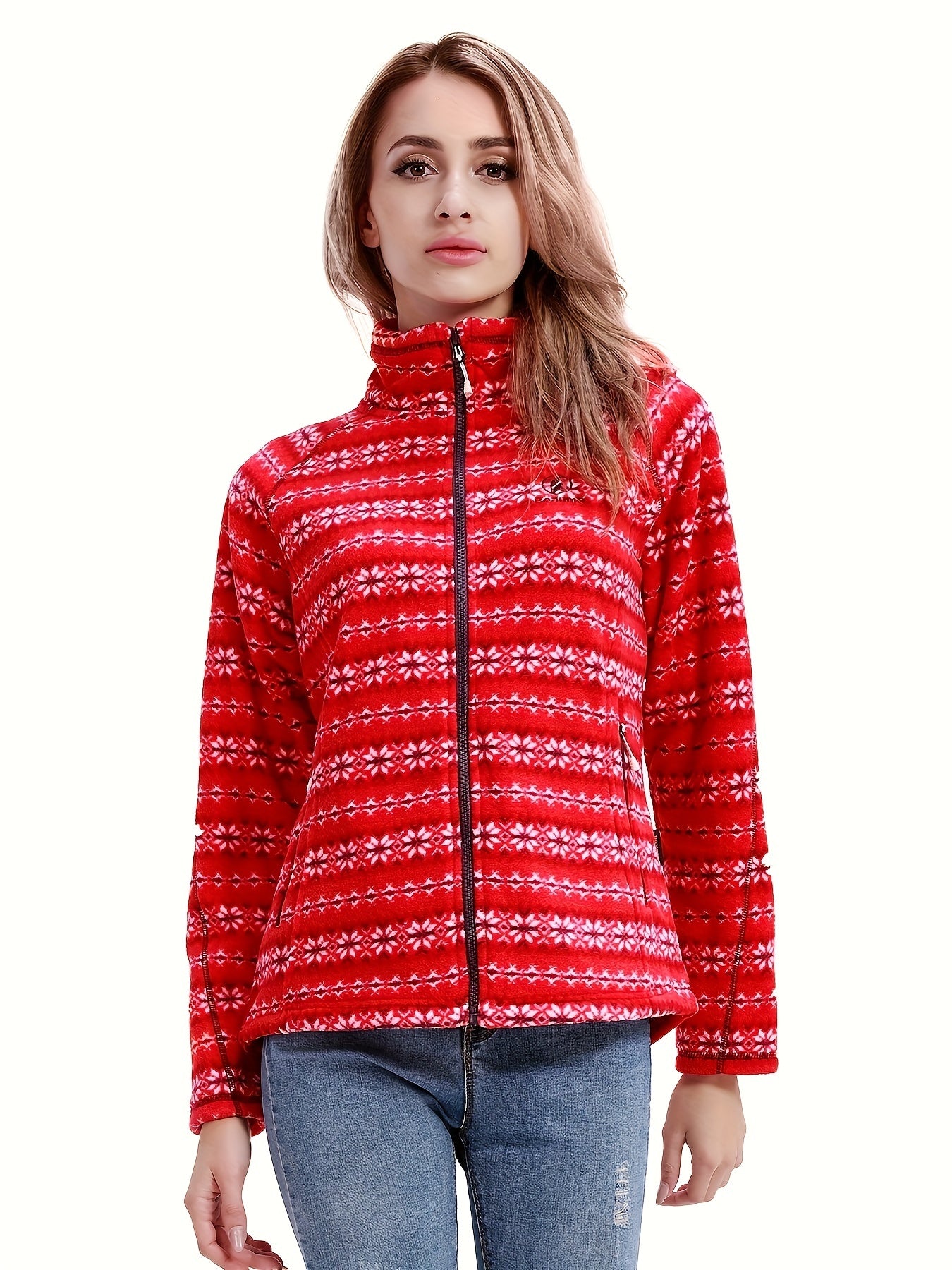 Women's Floral Print Zipper Front Long Sleeve Outdoor Jacket Coat