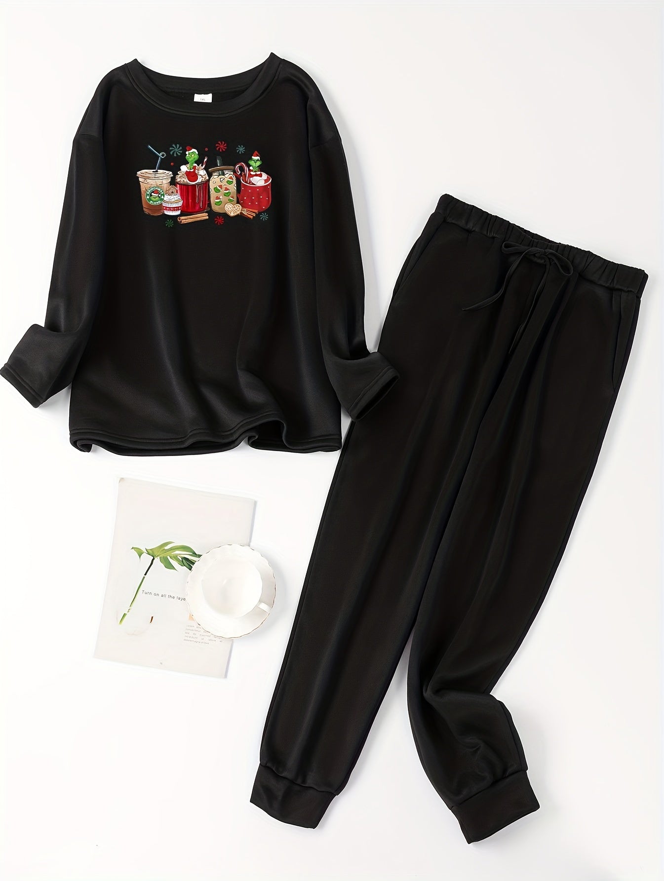 Christmas Lounge Set Funny Coffee Print Tee & Jogger Pants Pajama Set