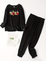 Christmas Lounge Set Funny Coffee Print Tee & Jogger Pants Pajama Set