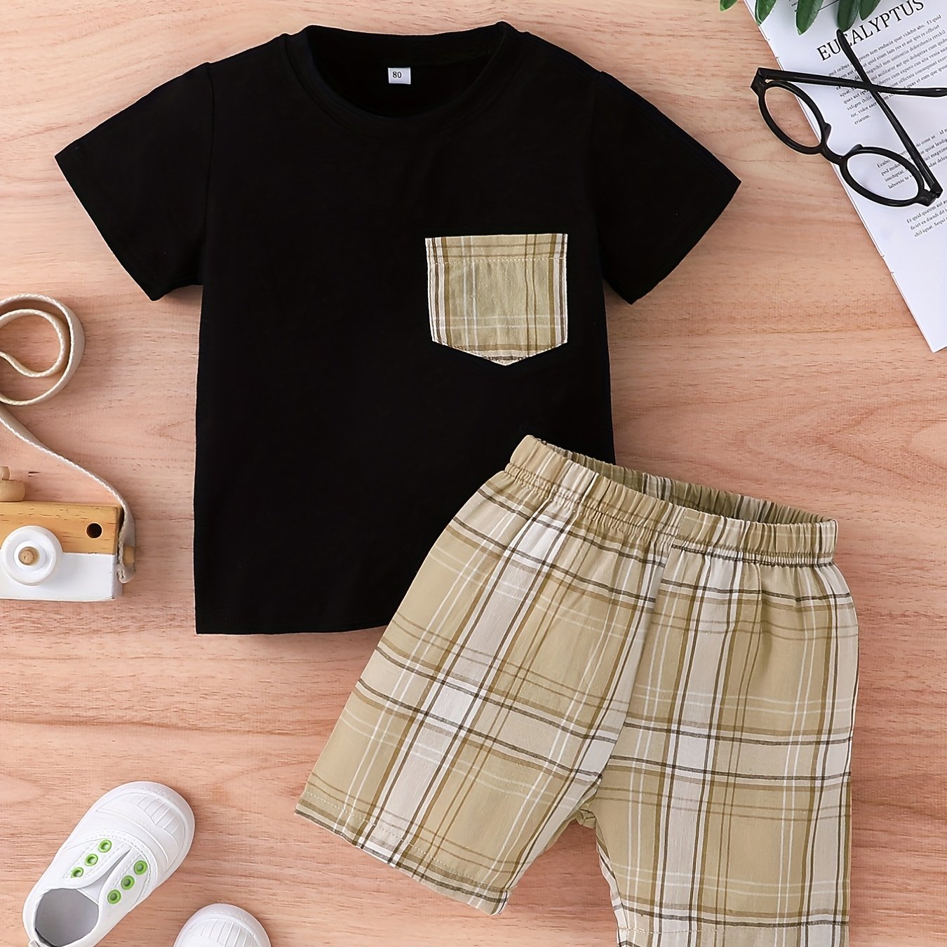 2pcs Baby Boys Casual T shirt & Plaid Shorts Set Clothes