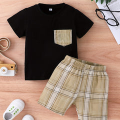 2pcs Baby Boys Casual T shirt & Plaid Shorts Set Clothes