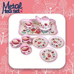 19-Piece Metal Tea Set Toy Kitchen with Pink Flowers and Animals