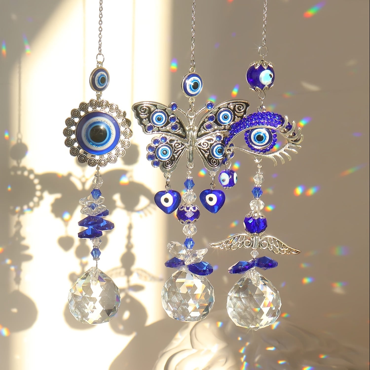 3pcs Evil Eye Suncatchers With Crystal Prism Balls Window Hanging