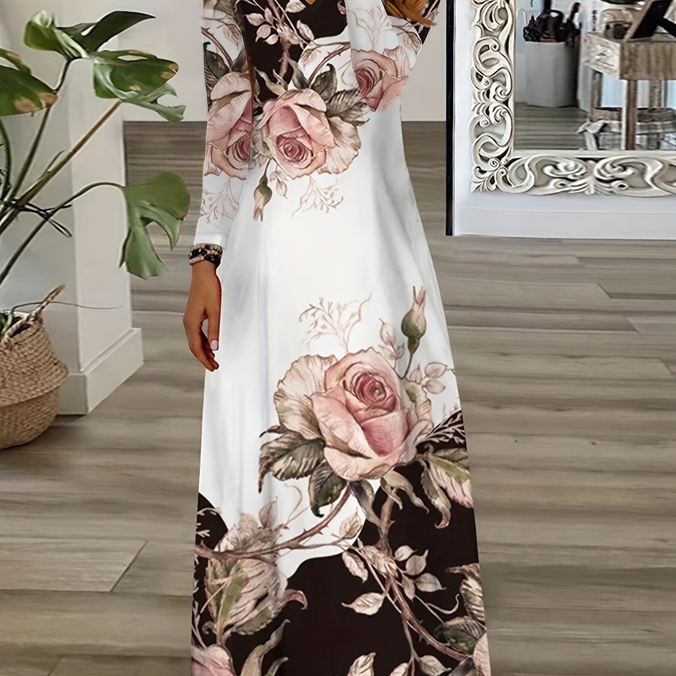 Floral Print V Neck Maxi Dress Long Sleeve Medium Stretch
