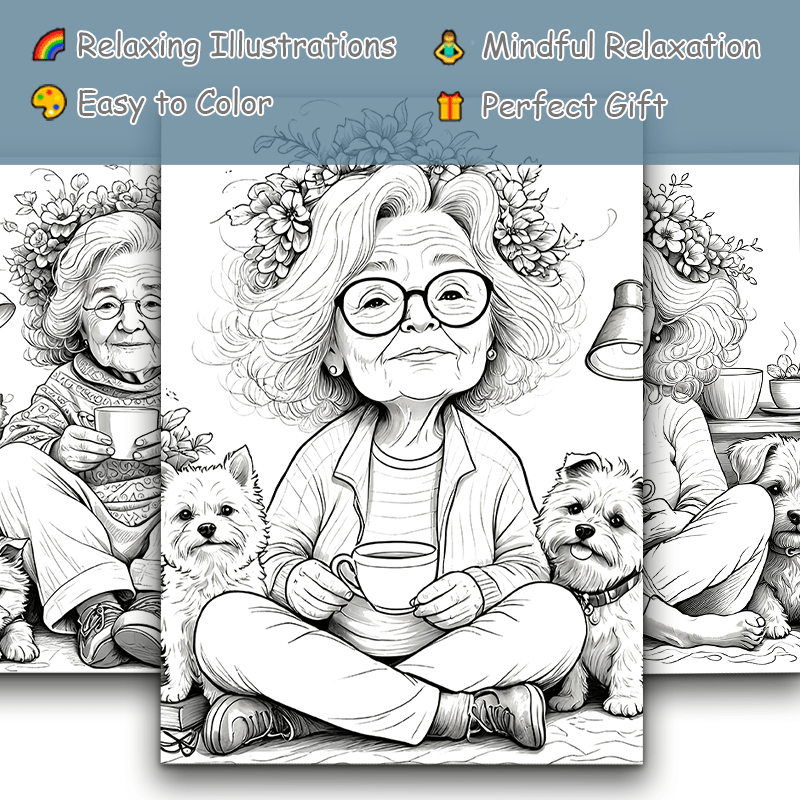 Whimsical Grandma & Dog Adult Coloring Book - Perfect Christmas Gift