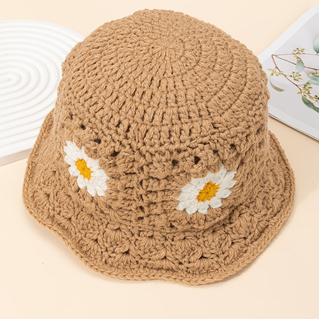 Casual Flower Knit Bucket Cap Khaki Hollow Crochet Fisherman Hat Sun Beach