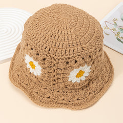 Casual Flower Knit Bucket Cap Khaki Hollow Crochet Fisherman Hat Sun Beach