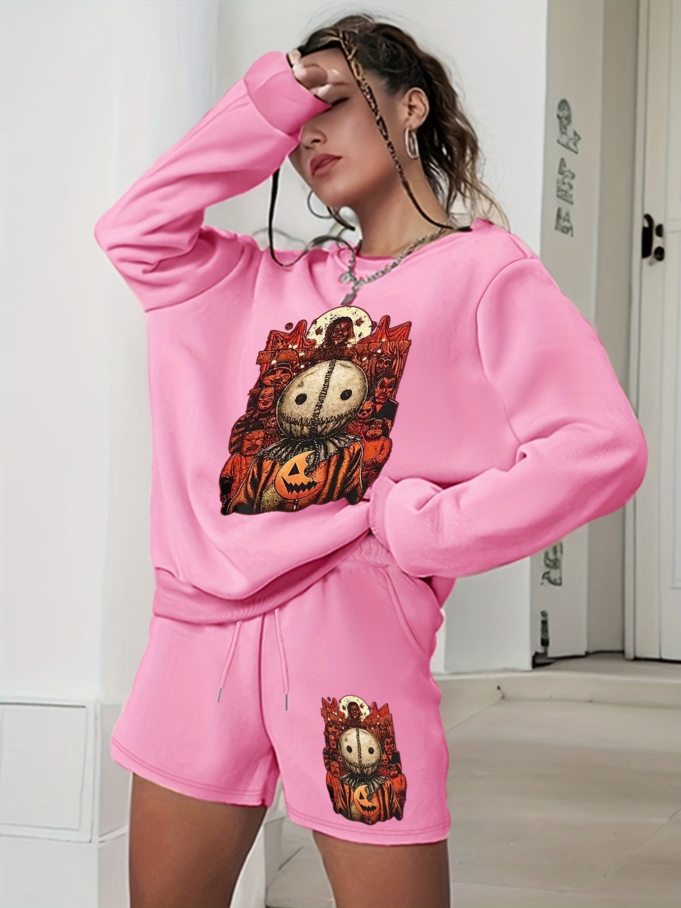 Women's Plus Graphic Print Sweatshirt & Shorts 2pcs Set