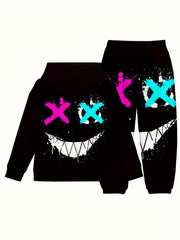 Boy's Paint Splashed Face Hoodie & Pants Set for Fall Winter