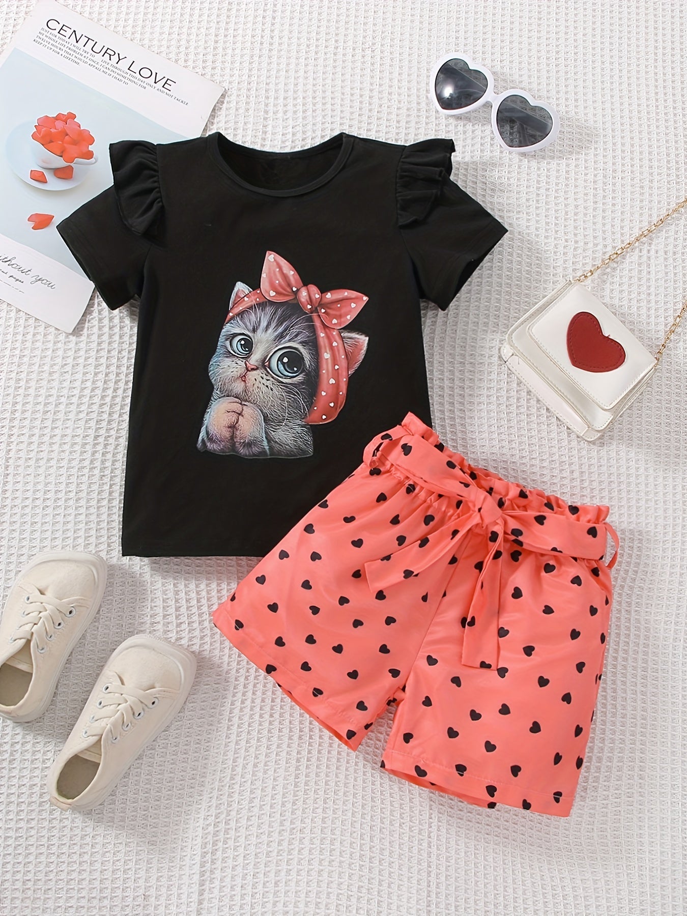 Girls Cat Graphic T-shirt & Heart Graphic Shorts Set for Summer Holiday Party