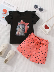 Girls Cat Graphic T-shirt & Heart Graphic Shorts Set for Summer Holiday Party