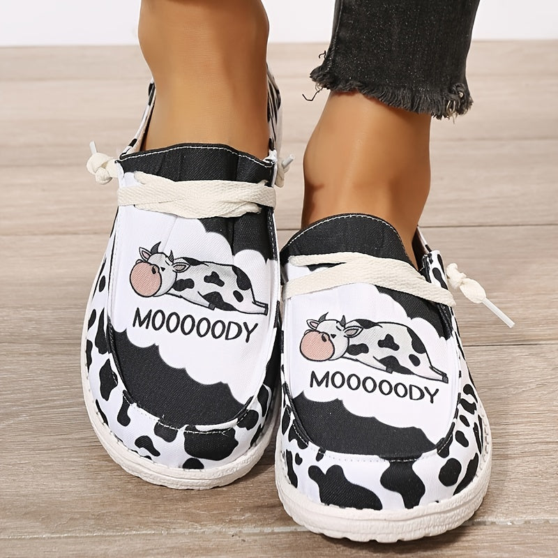 Women's Cow Canvas Shoes Low Top Lace Up Round Toe Flat Shoes