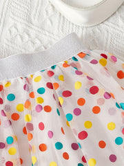 2pcs Girls Rainbow Ruffle Trim T Shirt & Polka Dot Mesh Tutu Skirt Set