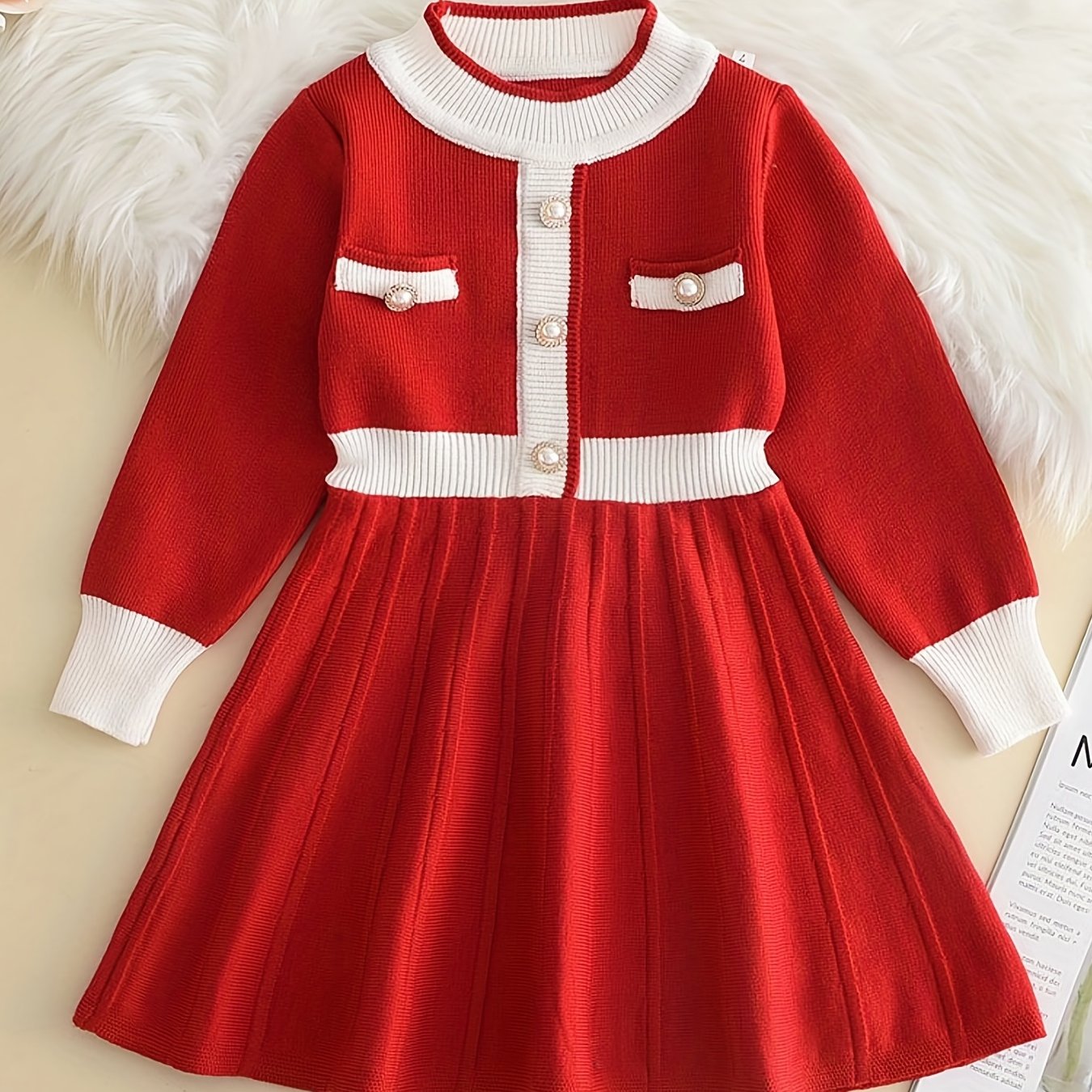 Girls' Knit Pearl Buttons Long Sleeve Sweater Dress