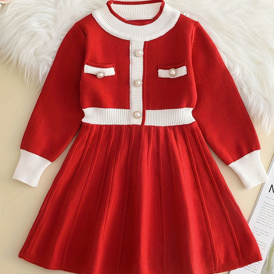 Girls' Knit Pearl Buttons Long Sleeve Sweater Dress