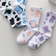 4 Pairs Cow Spot Pattern Socks Comfy & Breathable Mid Tube Socks