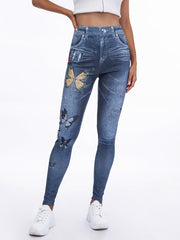 Women's Faux Denim Floral Yoga Pants High Waist Leggings