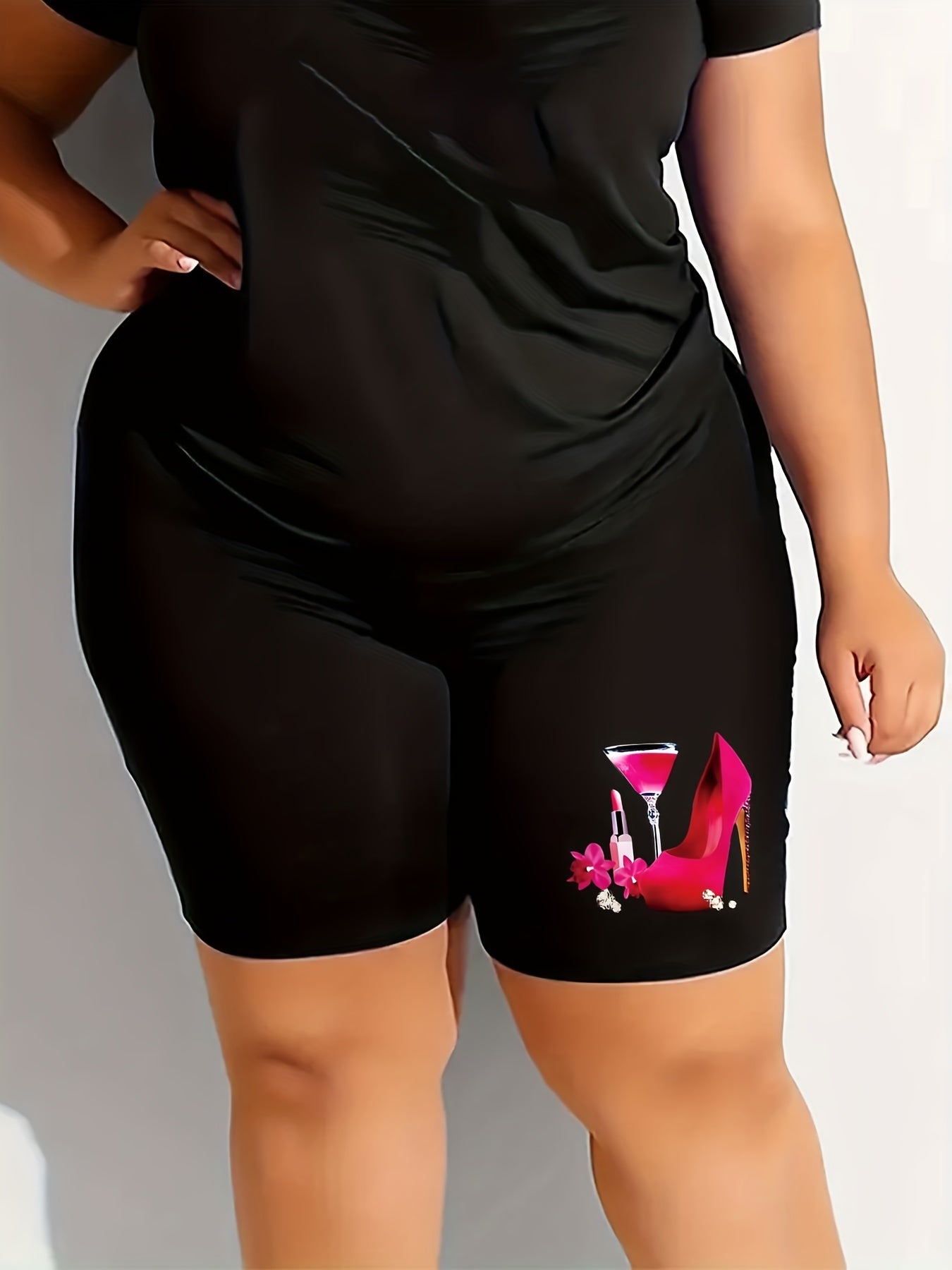 Wine Print Biker Shorts High Rise Stretch