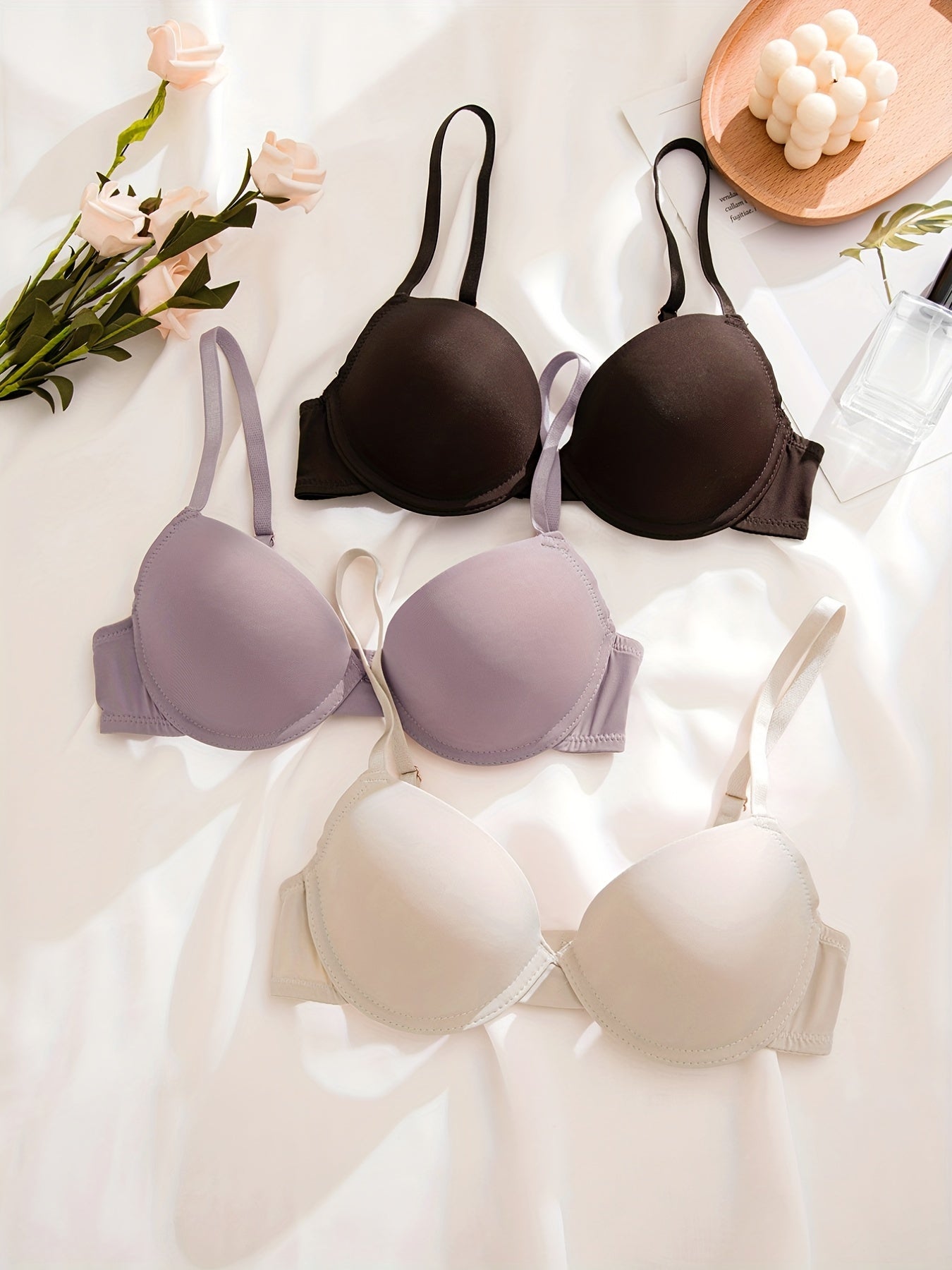 3pcs Solid T-Shirt Bras Comfy Push Up Bra Women's Lingerie