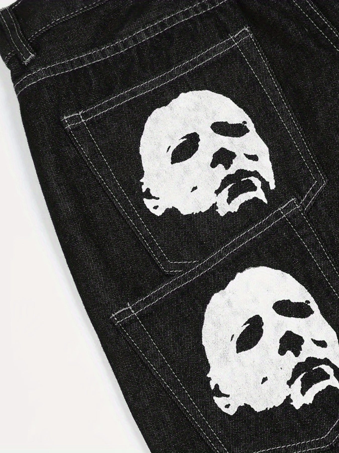 Face & Bat Pattern Loose Fit Jeans Men's Casual Street Style Denim Pants