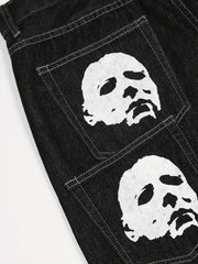 Face & Bat Pattern Loose Fit Jeans Men's Casual Street Style Denim Pants