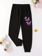 Girls Purple Butterfly High Waist Sweatpants