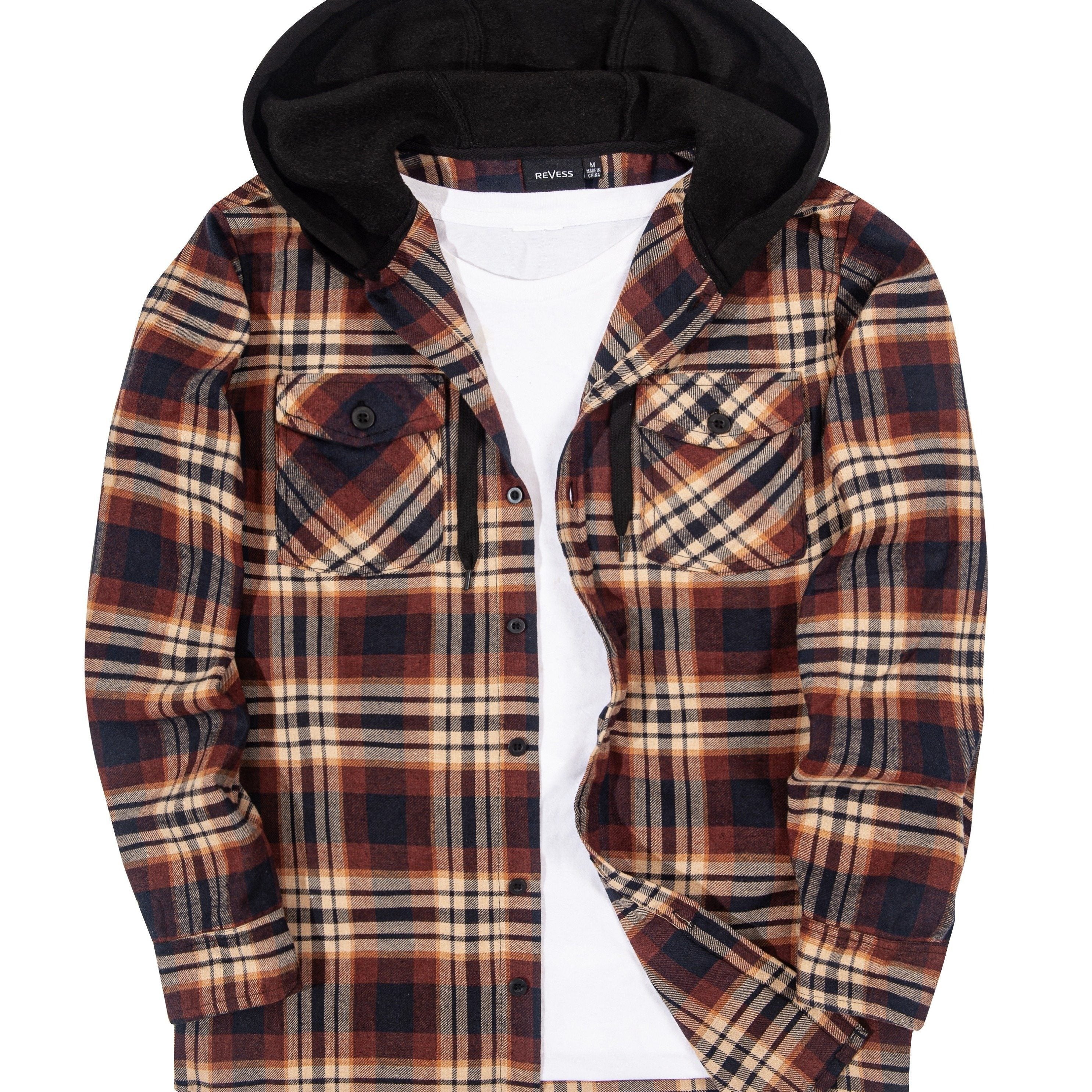 Men's Plaid Hooded Chest Pocket Long Sleeve Shirt For Spring Autumn