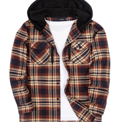Men's Plaid Hooded Chest Pocket Long Sleeve Shirt For Spring Autumn