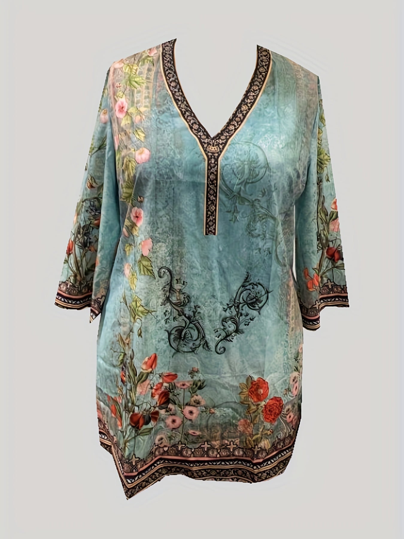 Floral Print Long Sleeve V Neck Mini Dress