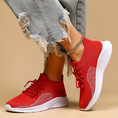Women's Red Knit Sneakers Lightweight Low Top Lace Up Walking Shoes