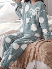 Polka Dot Fuzzy Pajama Set Long Sleeve Crew Neck Top & Elastic Waistband Pants