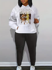Women's Plus Abstract Lip & Letter Print Hooded Sweatshirt