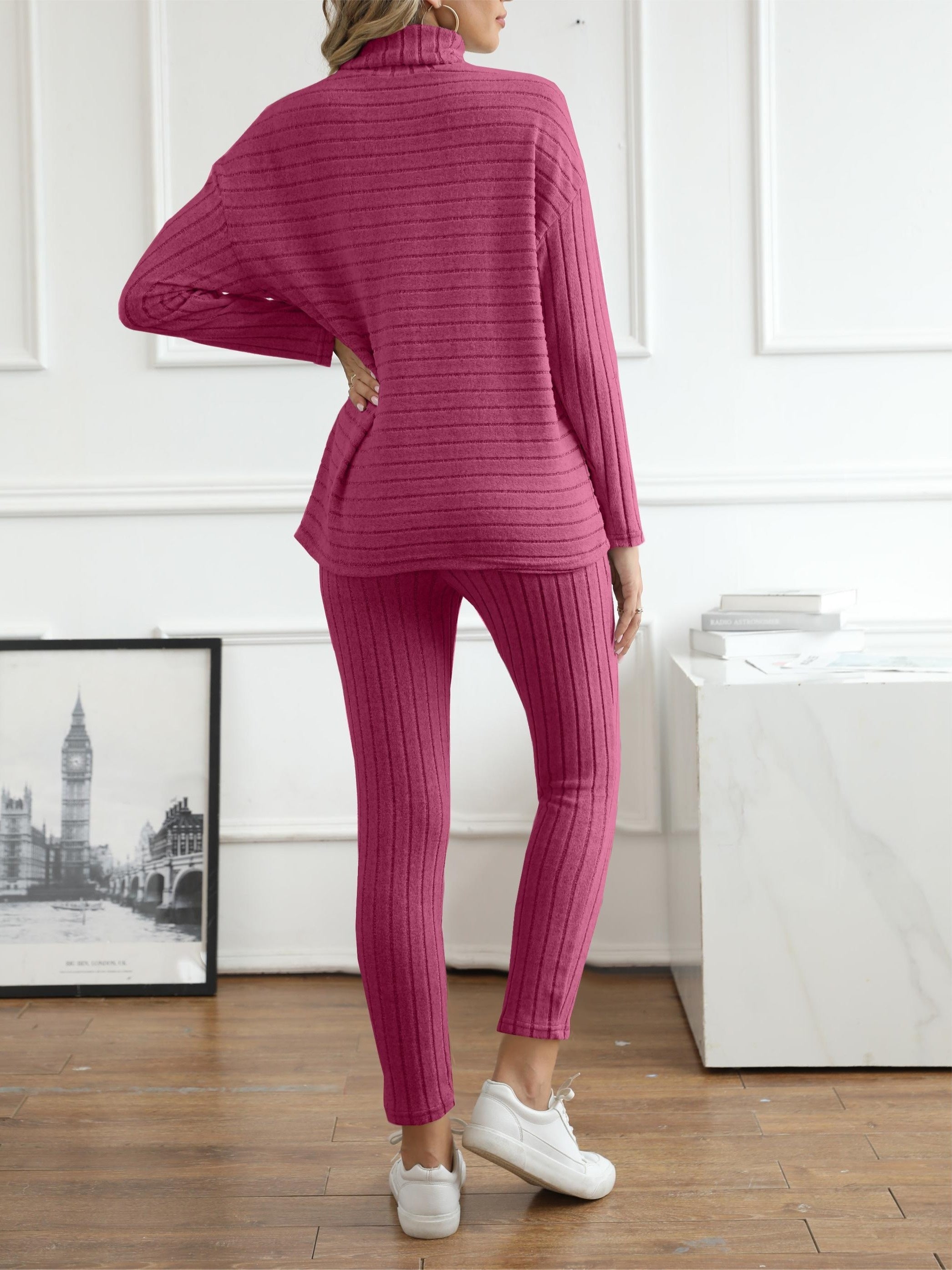 Ribbed Two Piece Set Long Sleeve Turtleneck Top & Slim Pants Outfits