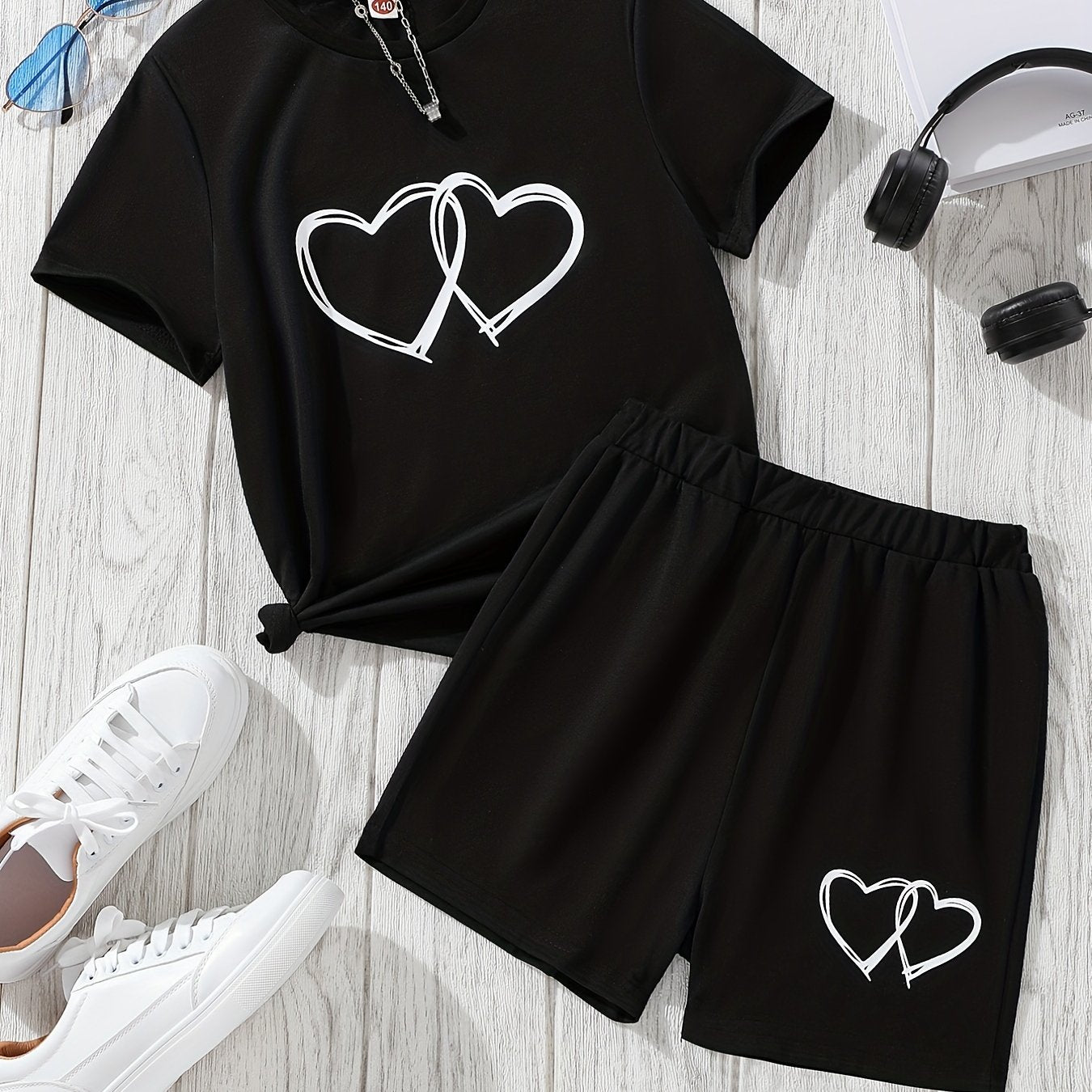 Girls 2pcs Love Heart Print Top & Shorts Set Summer