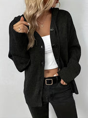 Solid Button Up Hoodie Drawstring Long Sleeve Jumper