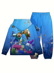 2pcs Boy's Hoodie Outfit Cartoon Pattern Set Long Sleeve Top Kid's Clothes
