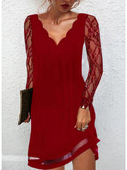 Solid V Neck Lace Long Sleeve Dress Women's Clothing